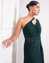 Bottle Green One Shoulder Draped Cocktail Gown Abstract Work