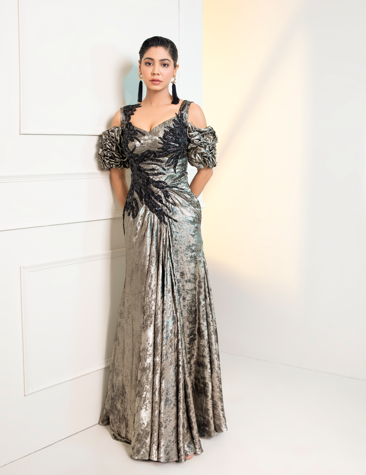 Grey Metalica Ruched Sleeves Cocktail Gown