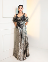 Grey Metalica Ruched Sleeves Cocktail Gown