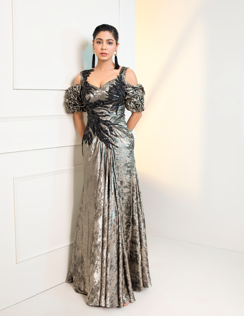 Grey Metalica Ruched Sleeves Cocktail Gown