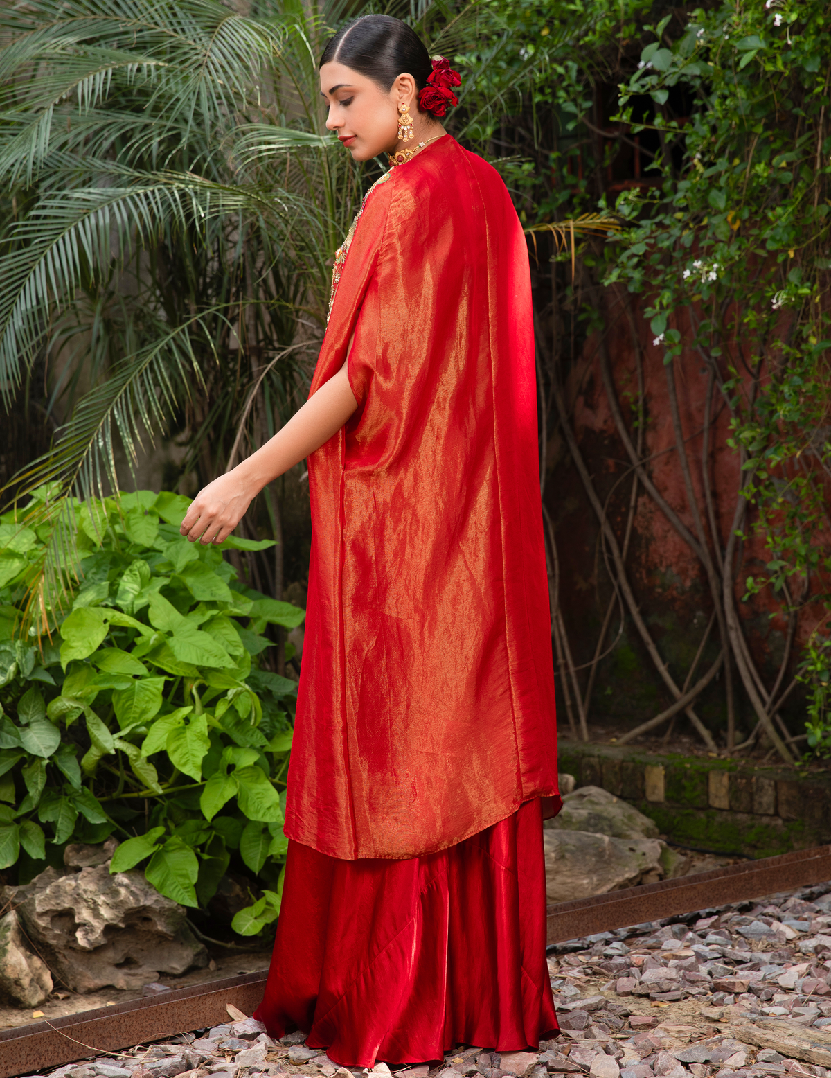 Red Croptop Cape & Palazzo Indo-Western Style