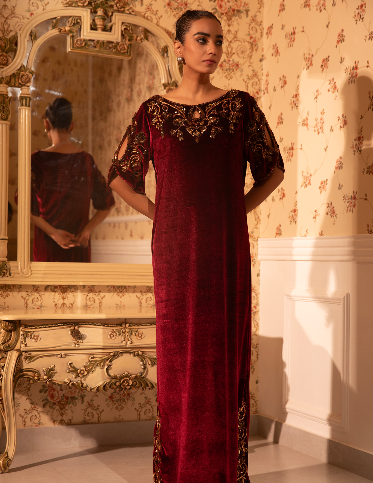 Burgundy Baroque Work Gown With Slit