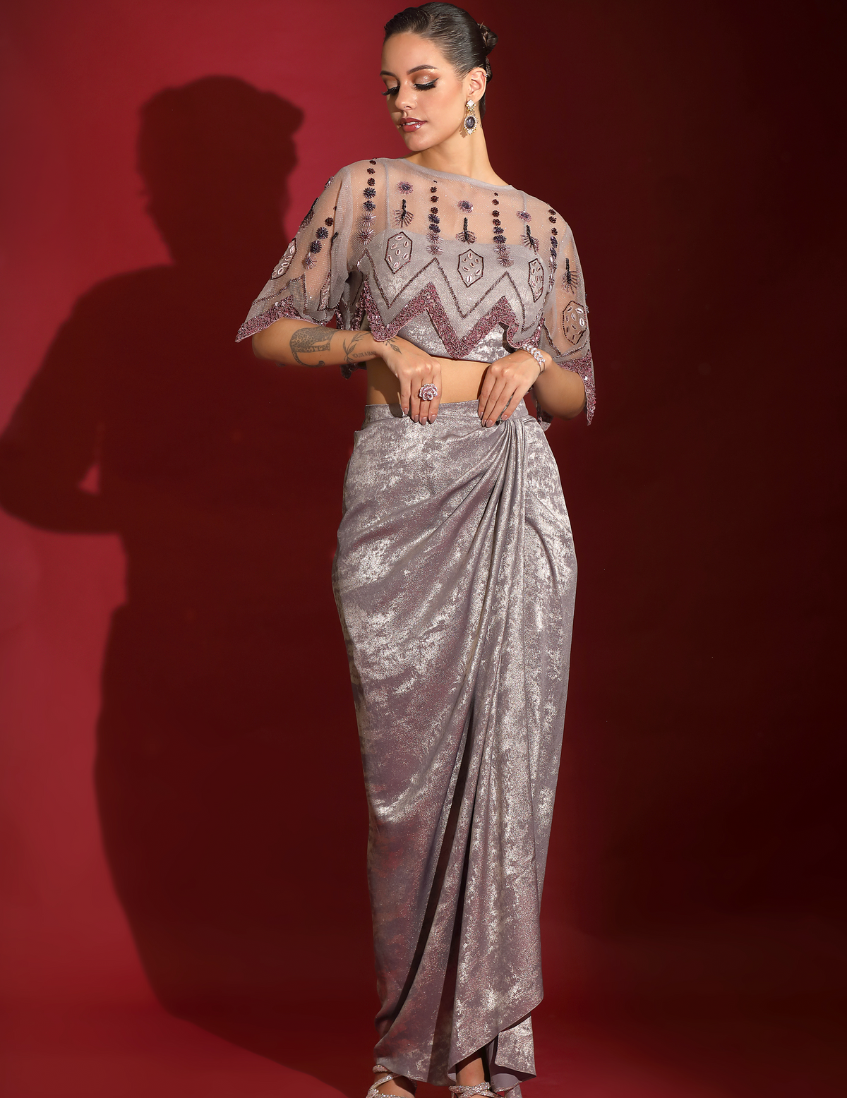 Geometrical Cape, Crop-Top & Metallic Foil Grey Skirt