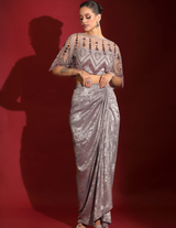 Geometrical Cape, Crop-Top & Metallic Foil Grey Skirt