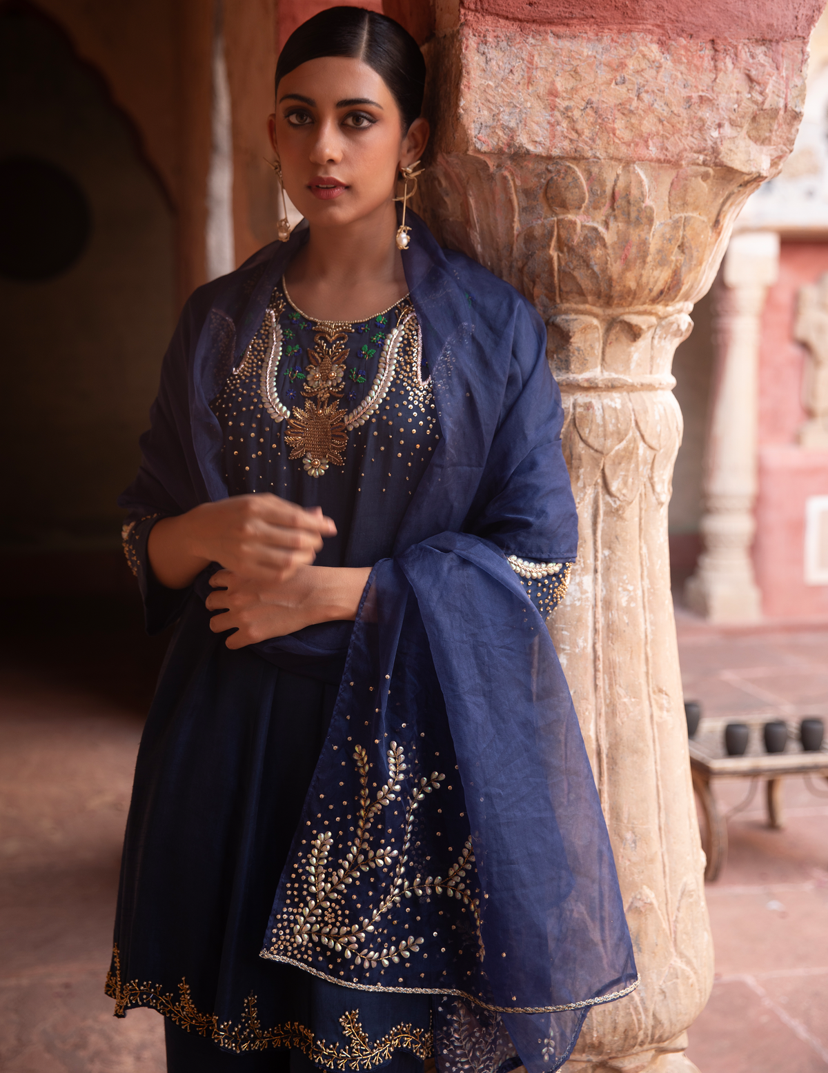 Midnight Blue Hand-Detailed Anarkali Set
