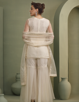 Ivory Peacock Motif Hand-Embellished Short-Kurti, Sharara, Dupatta Indo-Fusion