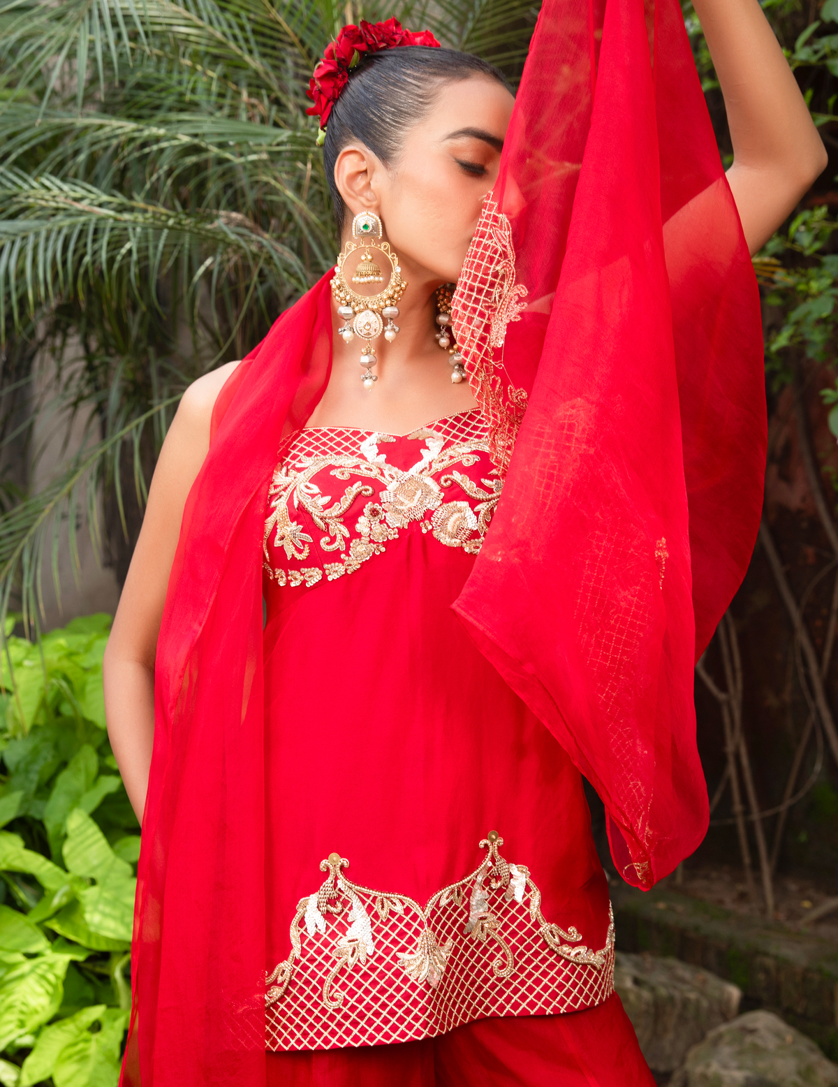 Rococco Inspired Scarlet Corset Peplum Top & Palazzo