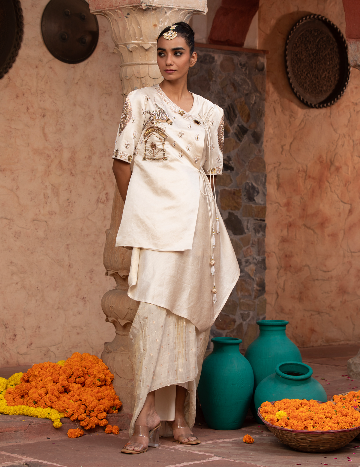 Ivory Rococco Asymmetric Angrakha With Drape Skirt