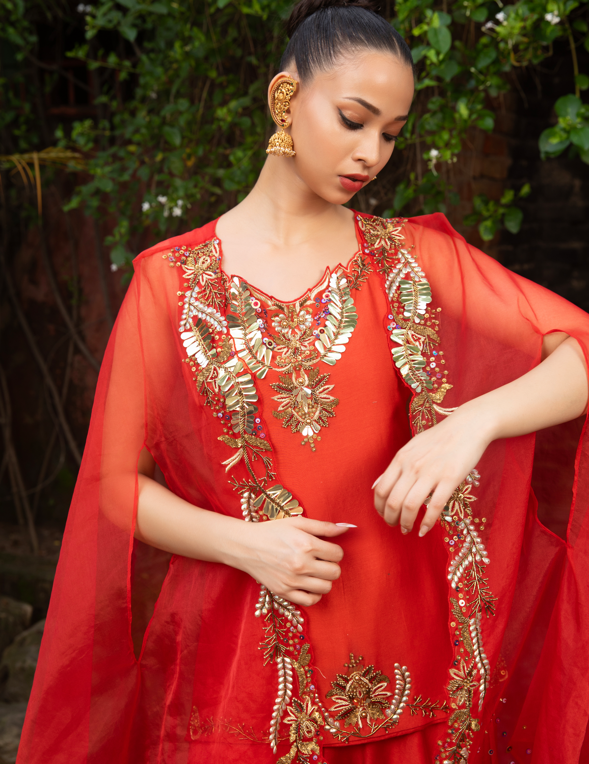 Vermilion Hand-Embellished Kurti Palazzo & Cape