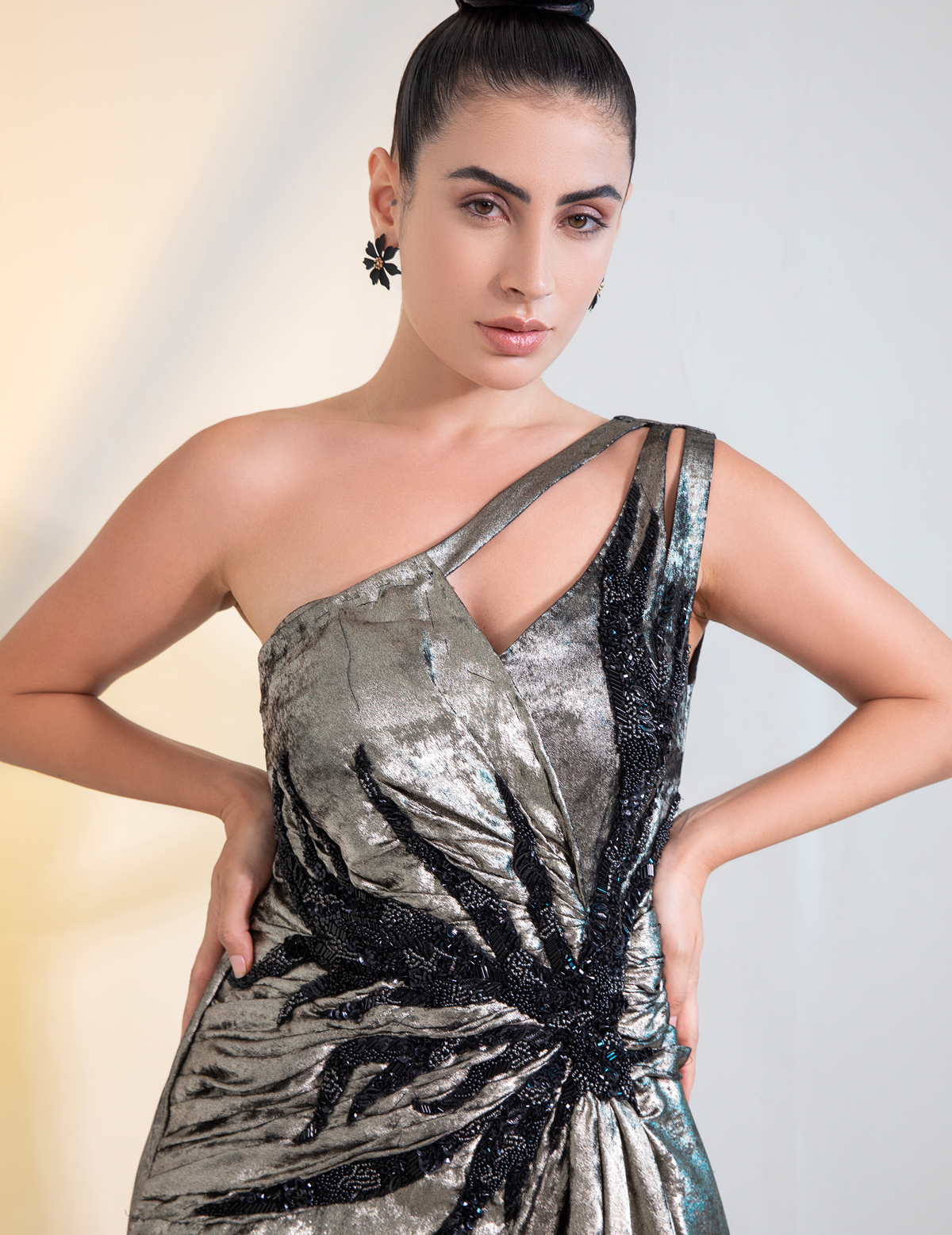 Grey Metalica Ruched Sleeves Cocktail Gown