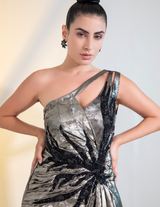 Grey Metalica Ruched Sleeves Cocktail Gown