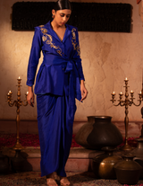 Egyptian Blue Wrap Rococco Blazer With Drape Skirt