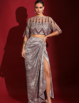 Geometrical Cape, Crop-Top & Metallic Foil Grey Skirt