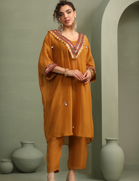 Mustard Festive Oversized Kaftan-Crop Top, Trousers Set