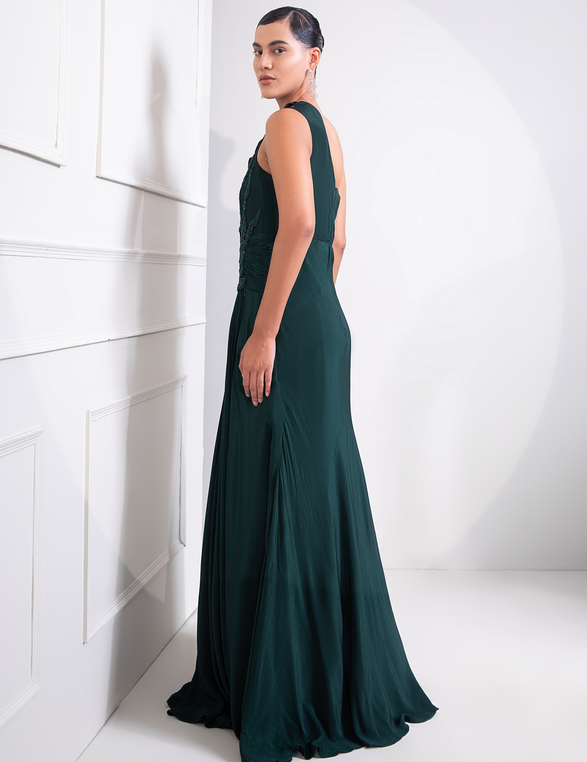 Bottle Green One Shoulder Draped Cocktail Gown Abstract Work