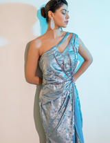 Blue Metalica Draped Midi Gown
