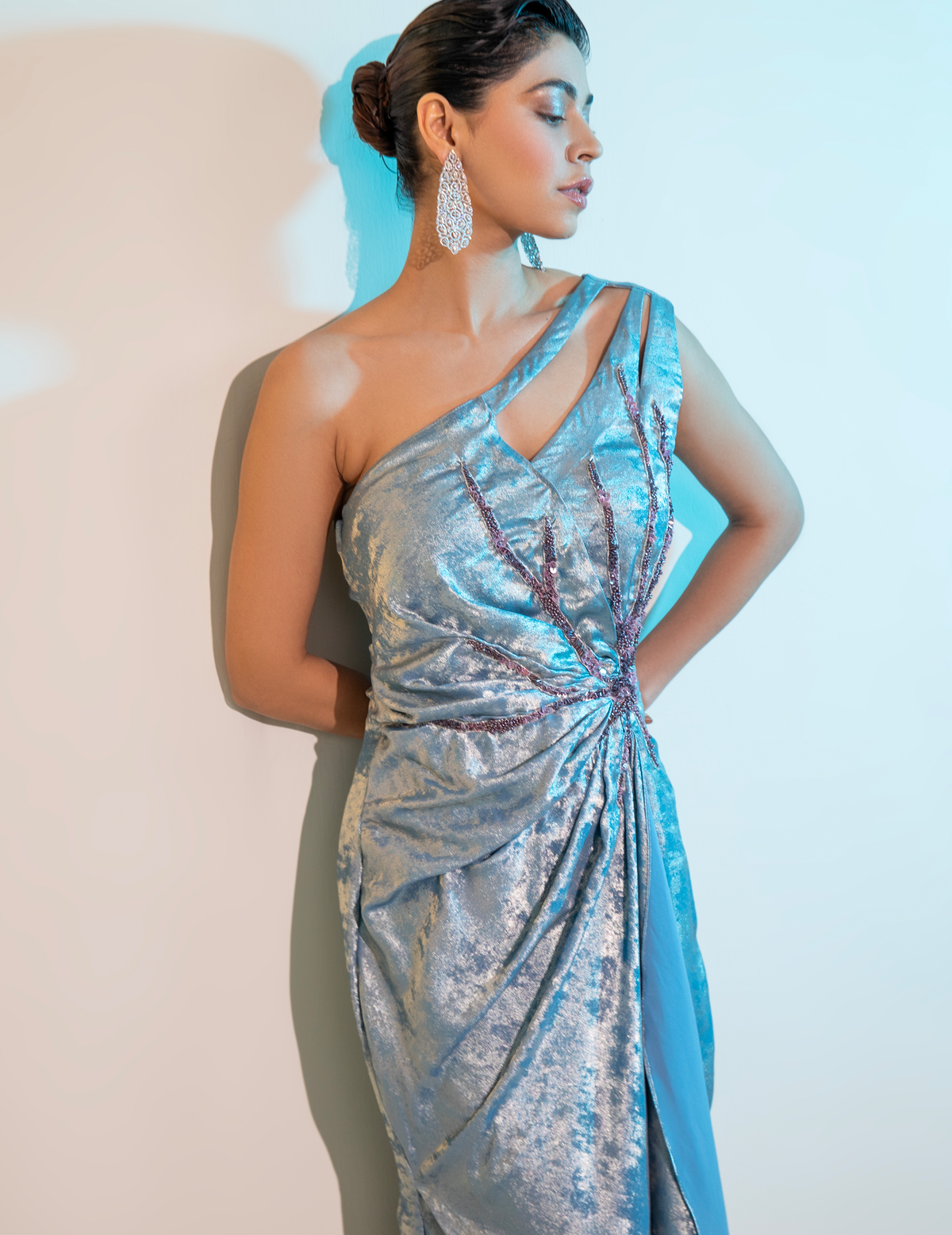 Blue Metalica Draped Midi Gown