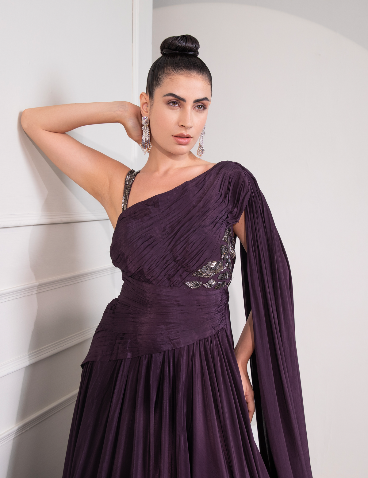 One Shoulder Draped Cocktail Gown Abstract Work