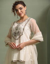 Ivory Peacock Motif Hand-Embellished Short-Kurti, Sharara, Dupatta Indo-Fusion