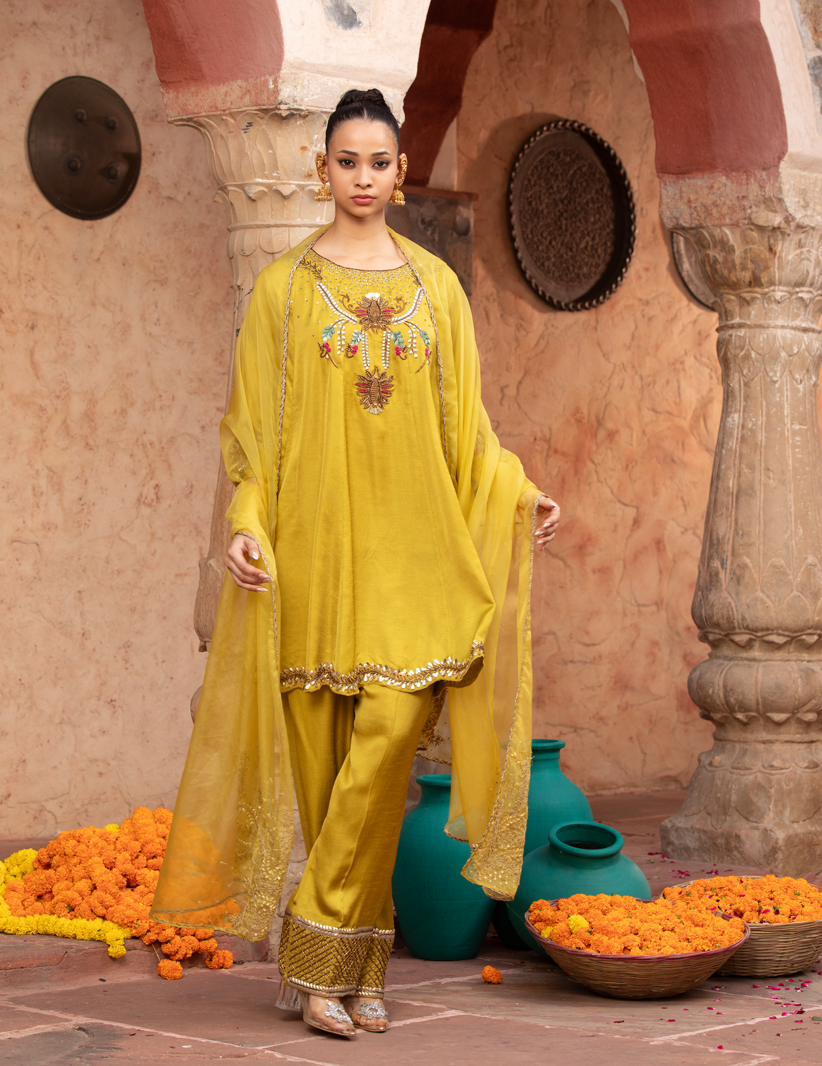 Lime Green Hand-Embellished Anarkali Set