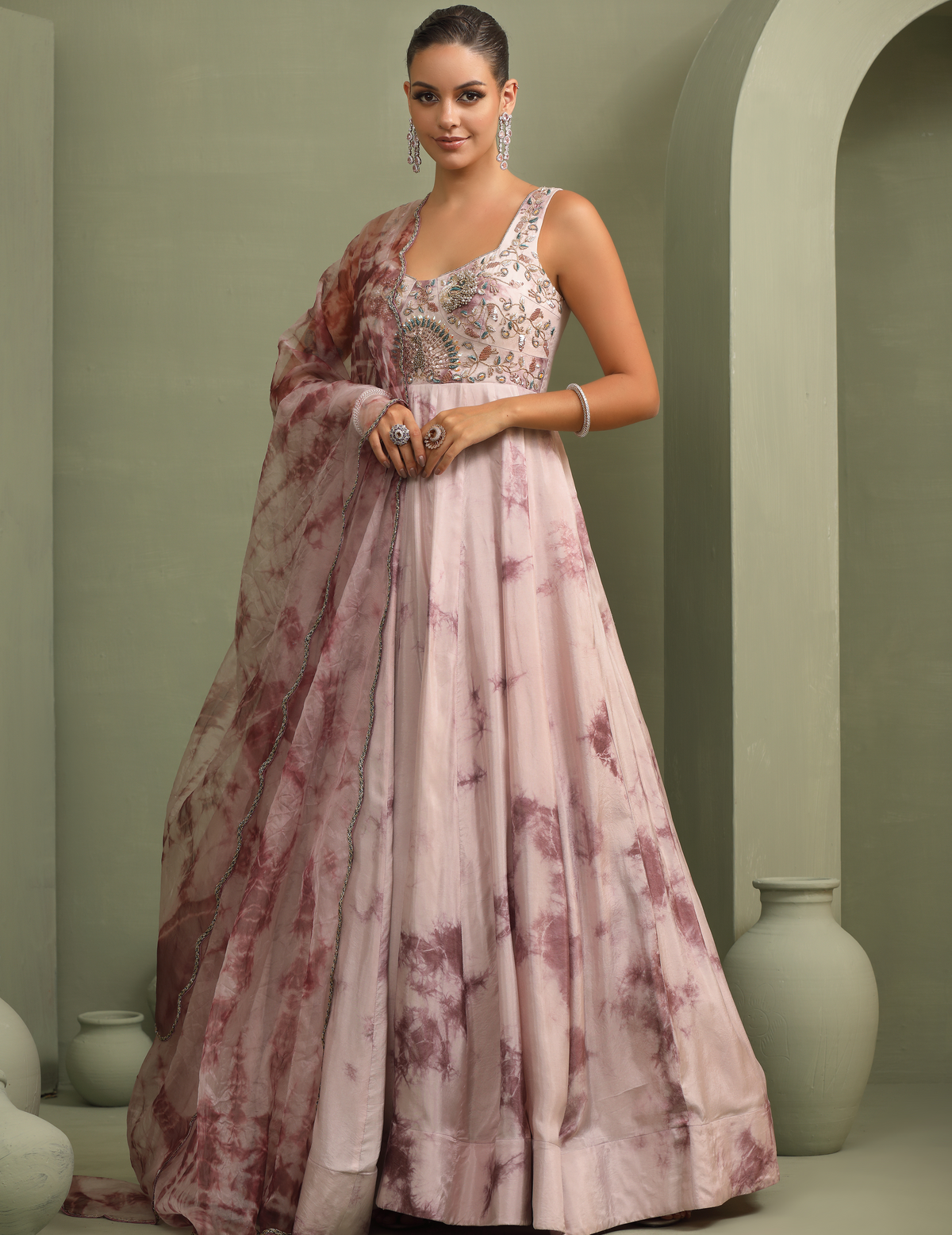 Lavender Tie-Dye Hand-Embroidered Anarkali Gown With Dupatta
