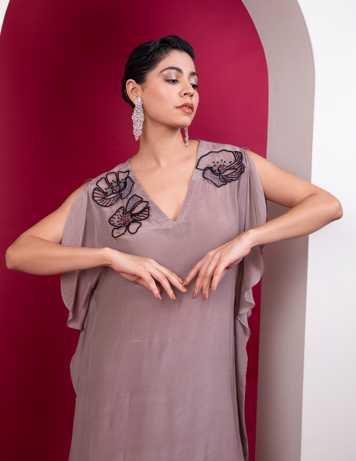 Asymmetric Kaftan & Pallazo Set In Greige Shade