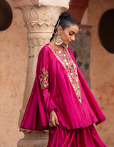 Fuschia Pink Chanderi Kathiavadi Top & Midi Skirt