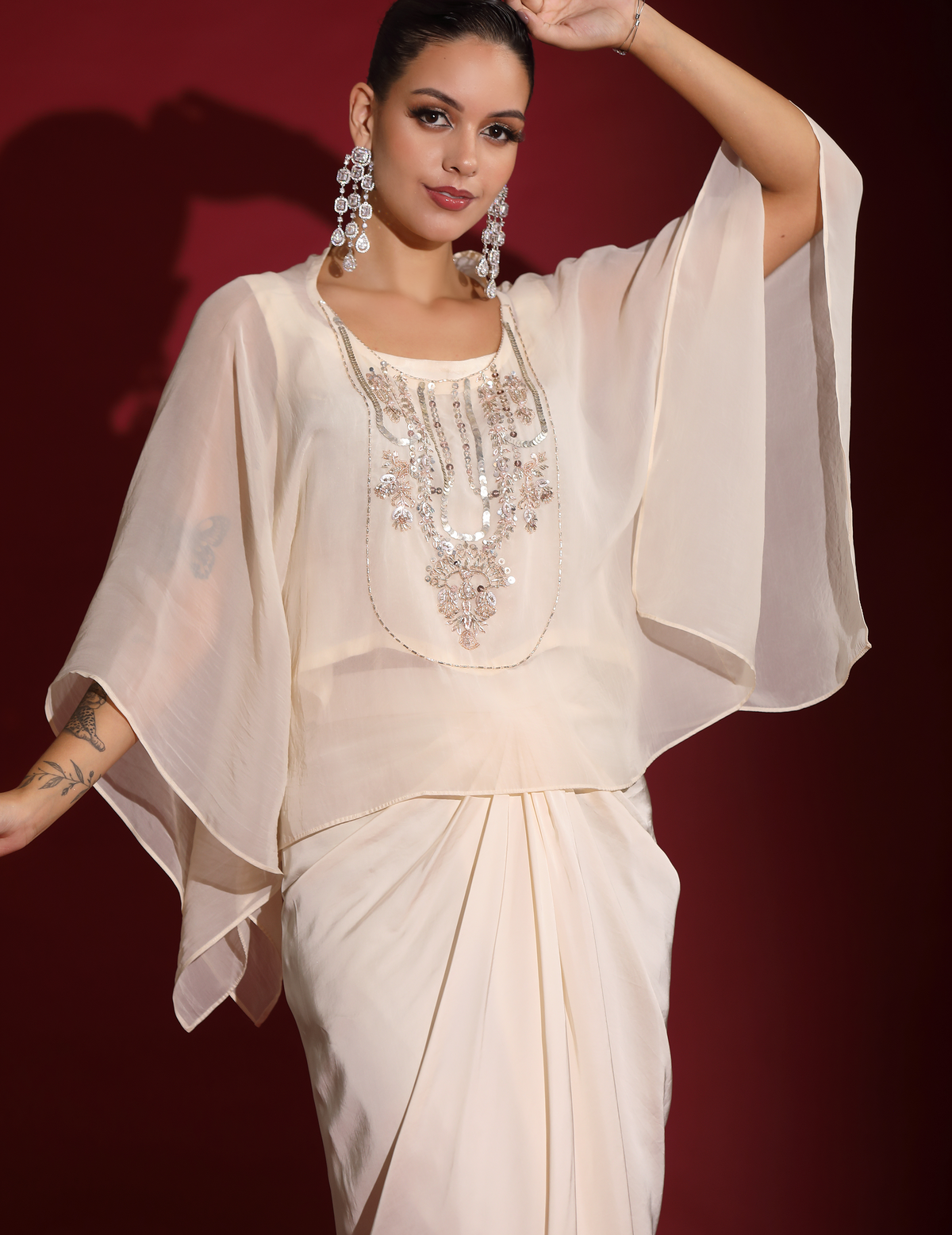 Ivory Hand-Embellished  Kaftan & Drape Skirt Indo-Fusion