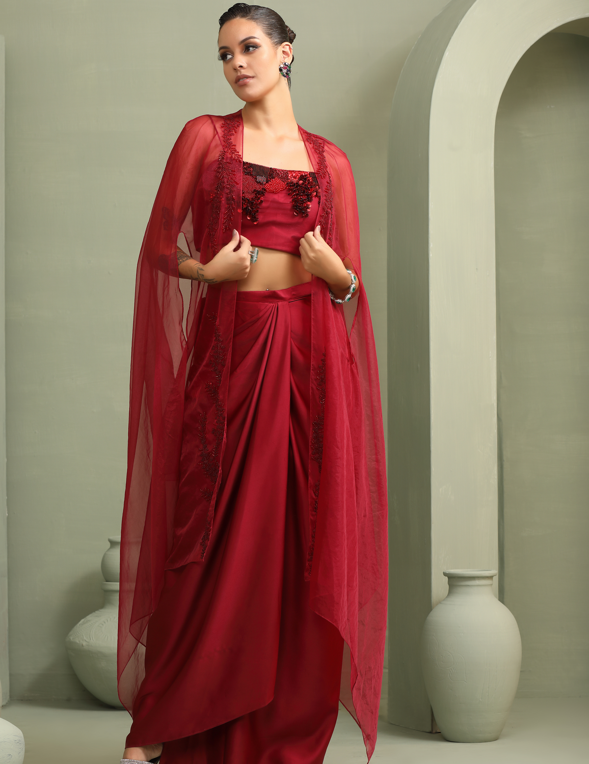 Bloody Mary Abstract Work Crop-Top, Draped Skirt & Embellished Organza Cape