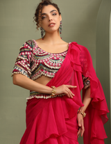 Kitsch Colourful Embellished Blouse & Ruffled Pre-Draped Saree