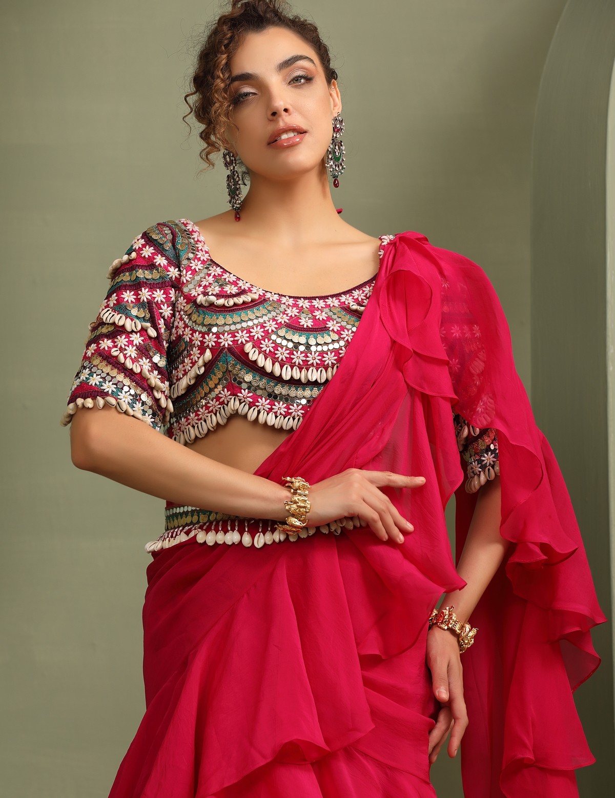 Kitsch Colourful Embellished Blouse & Ruffled Pre-Draped Saree