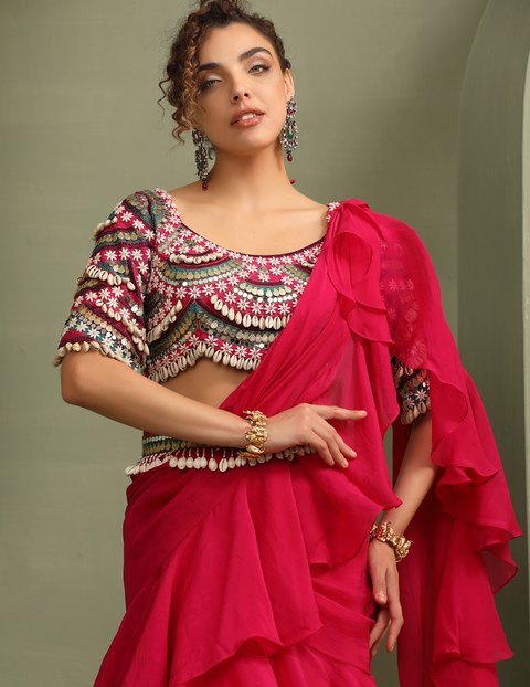 Kitsch Colourful Embellished Blouse & Ruffled Pre-Draped Saree