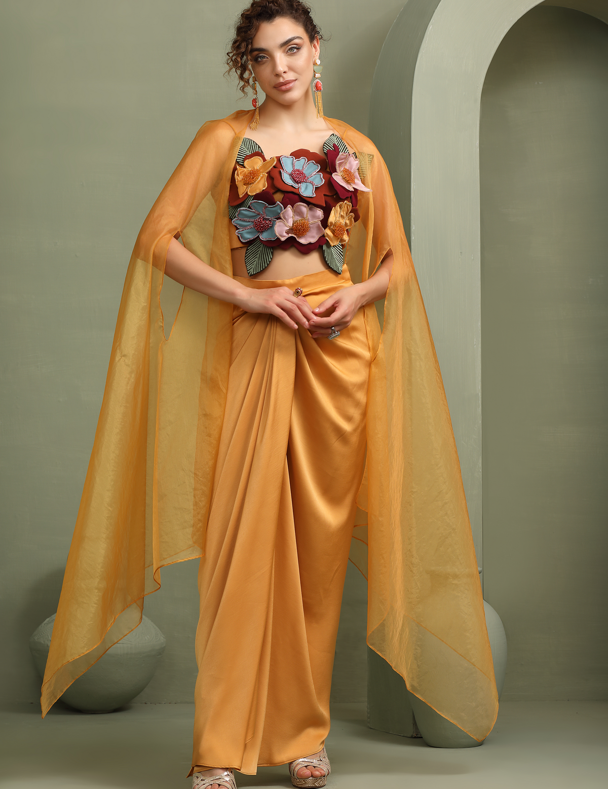 Mustard Draped Skirt-Cape & 3D Hand-Made Colour Block Flower Set