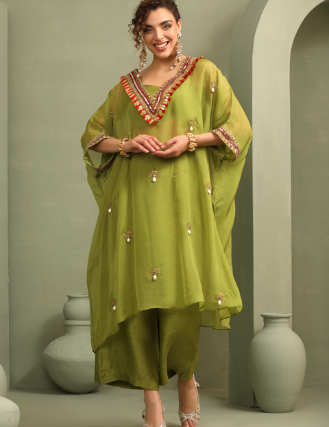 Parrot Green Festive Oversized Kaftan-Crop Top, Trouser Set