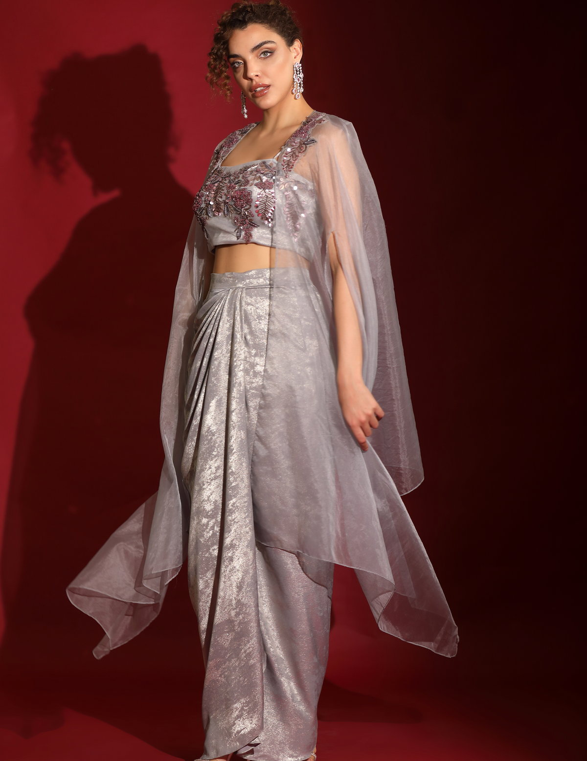 Metallic Grey Foil & Sea Life Embroidered Crop-Top Draped Skirt-Cape Set