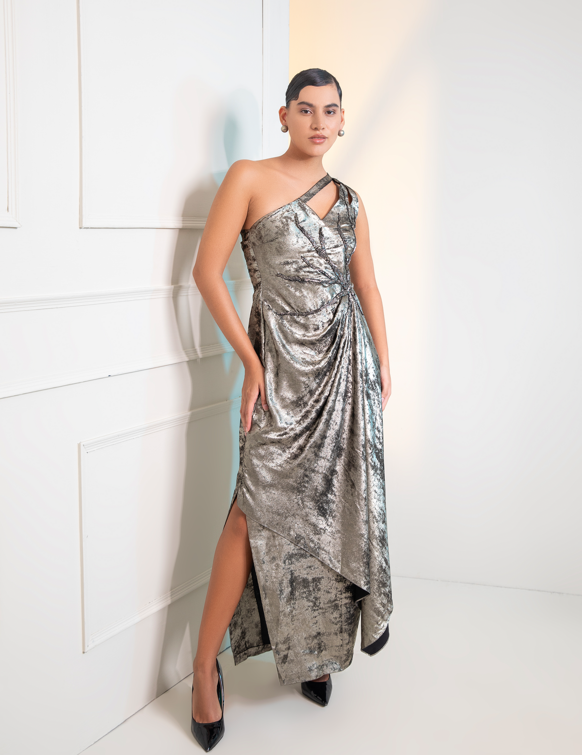 Purple Metalica Embellished Cape Gown