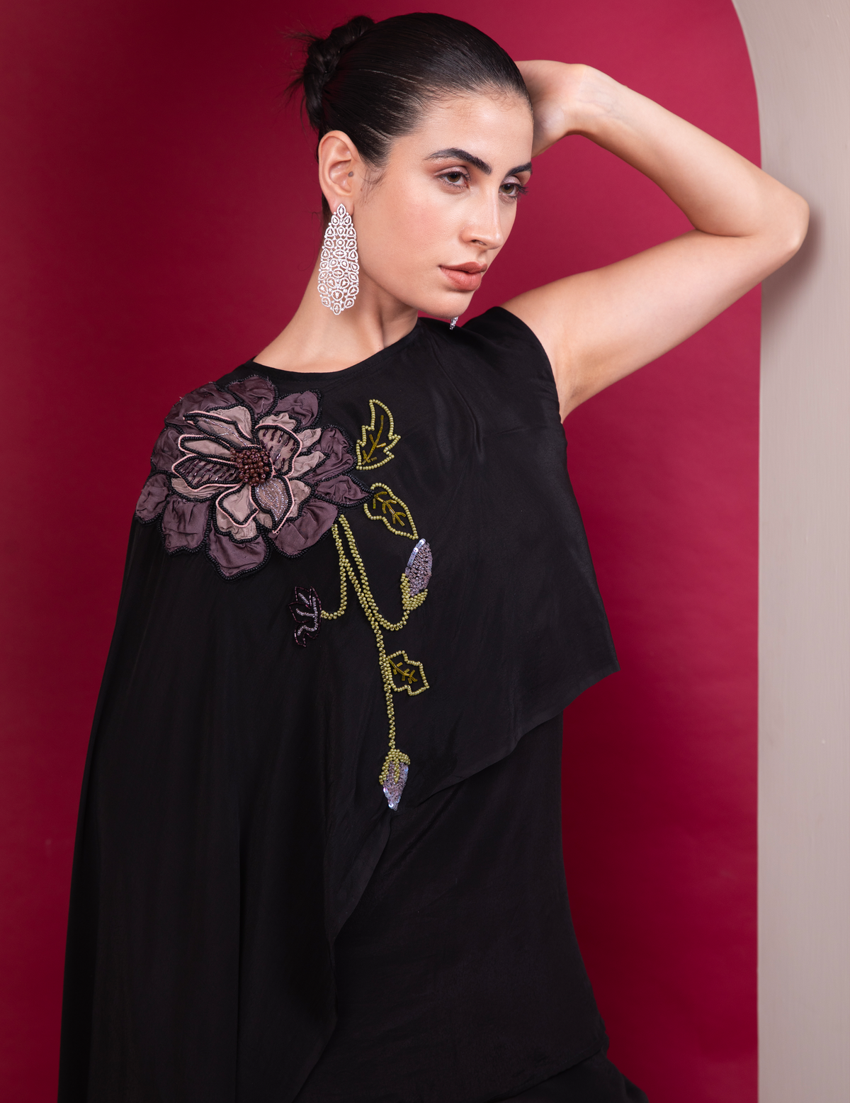 Black Asymmetric Cape Top Cocktail Co-Ord Set