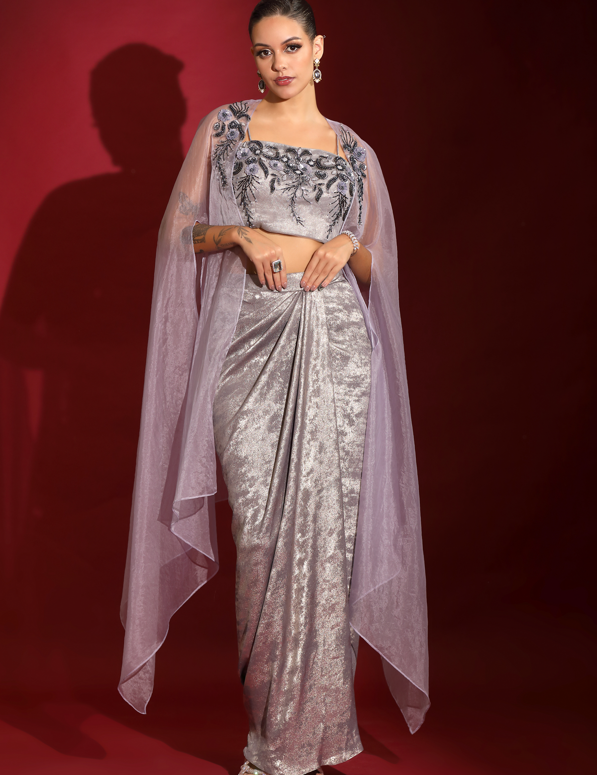Purple Metallica Embellished Bustier With Drape Skirt And Organza Cape