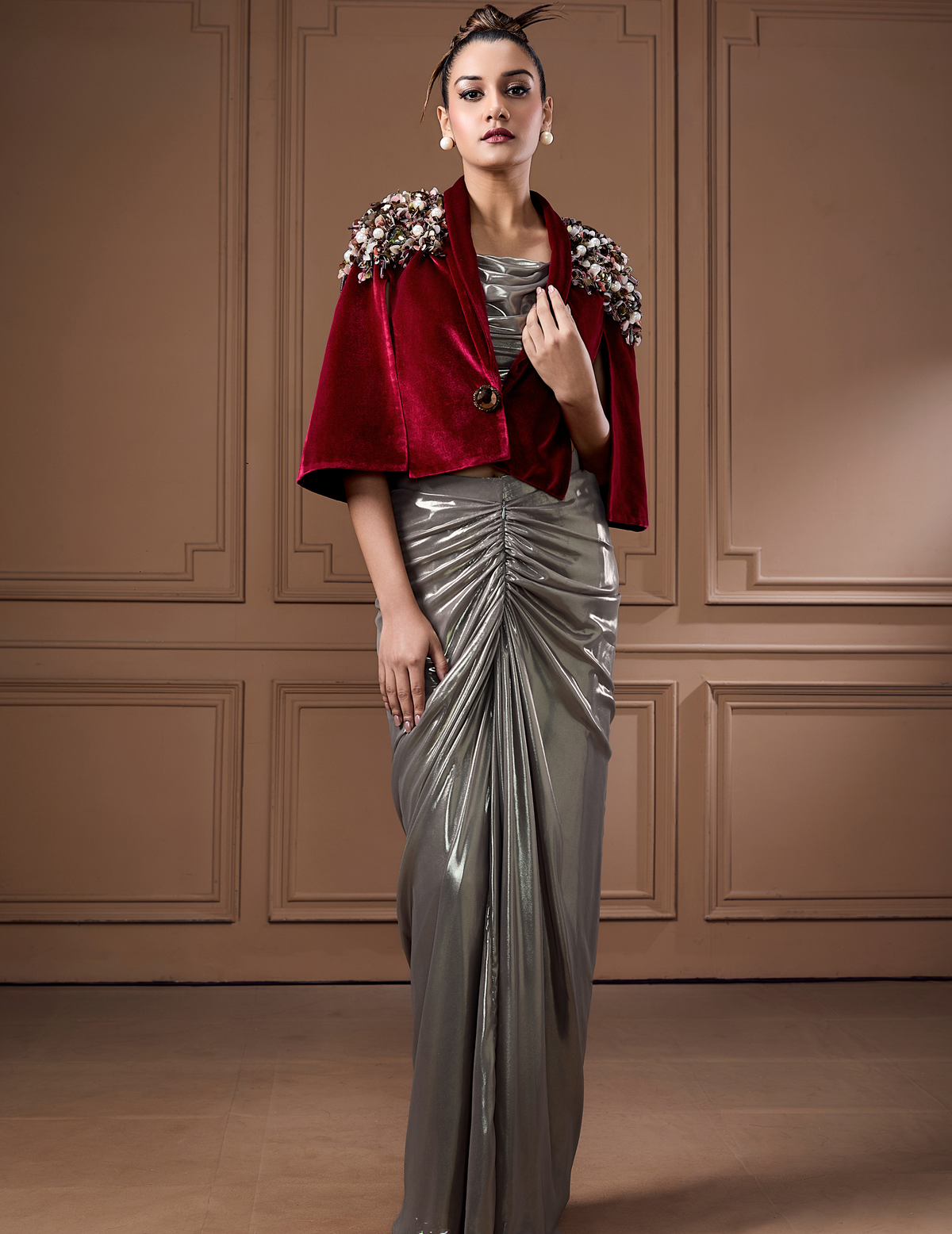 Wine Velvet Cape With Glass Cowl Bustier And Drape Skirt