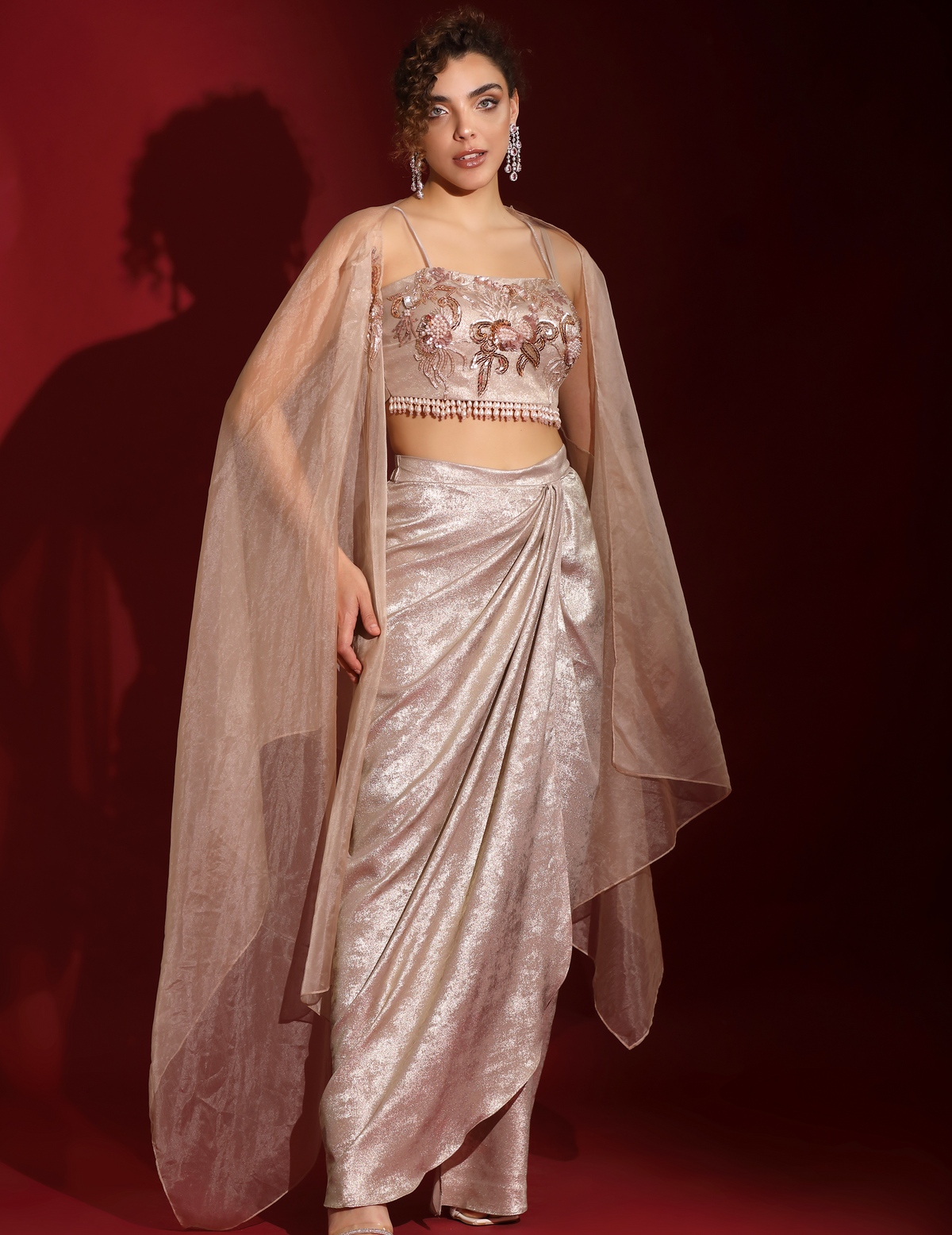 Metallic Rose-Gold Foil & Sea Life Embroidered Crop-Top Draped Skirt-Cape Set