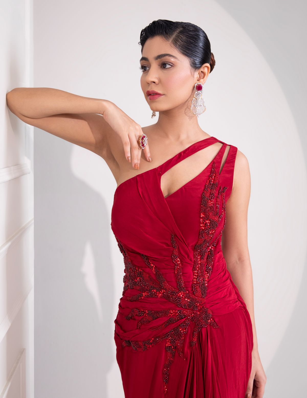 Ruby Red One Shoulder Draped Cocktail Gown Abstract Work