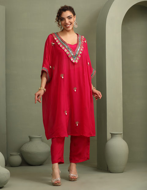 Pink Festive Oversized Kaftan-Crop Top,Trouser Set