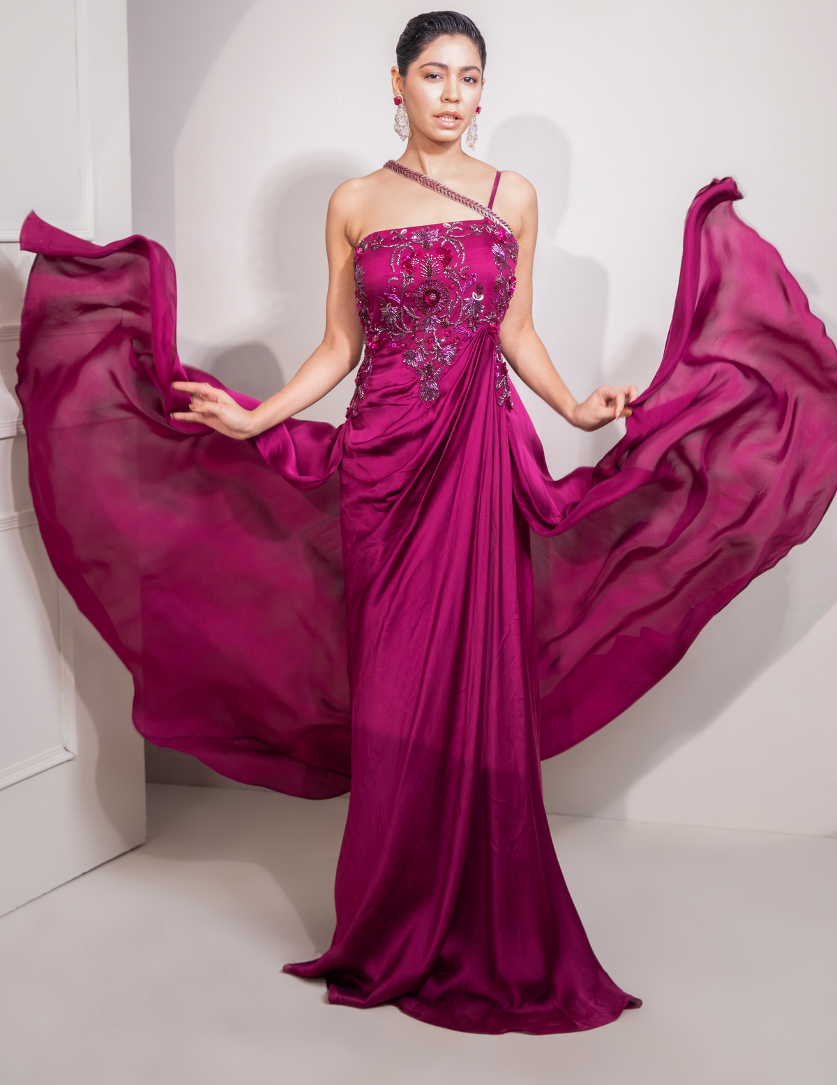 Viva Magenta Draped Cocktail Gown With Embellished Corset