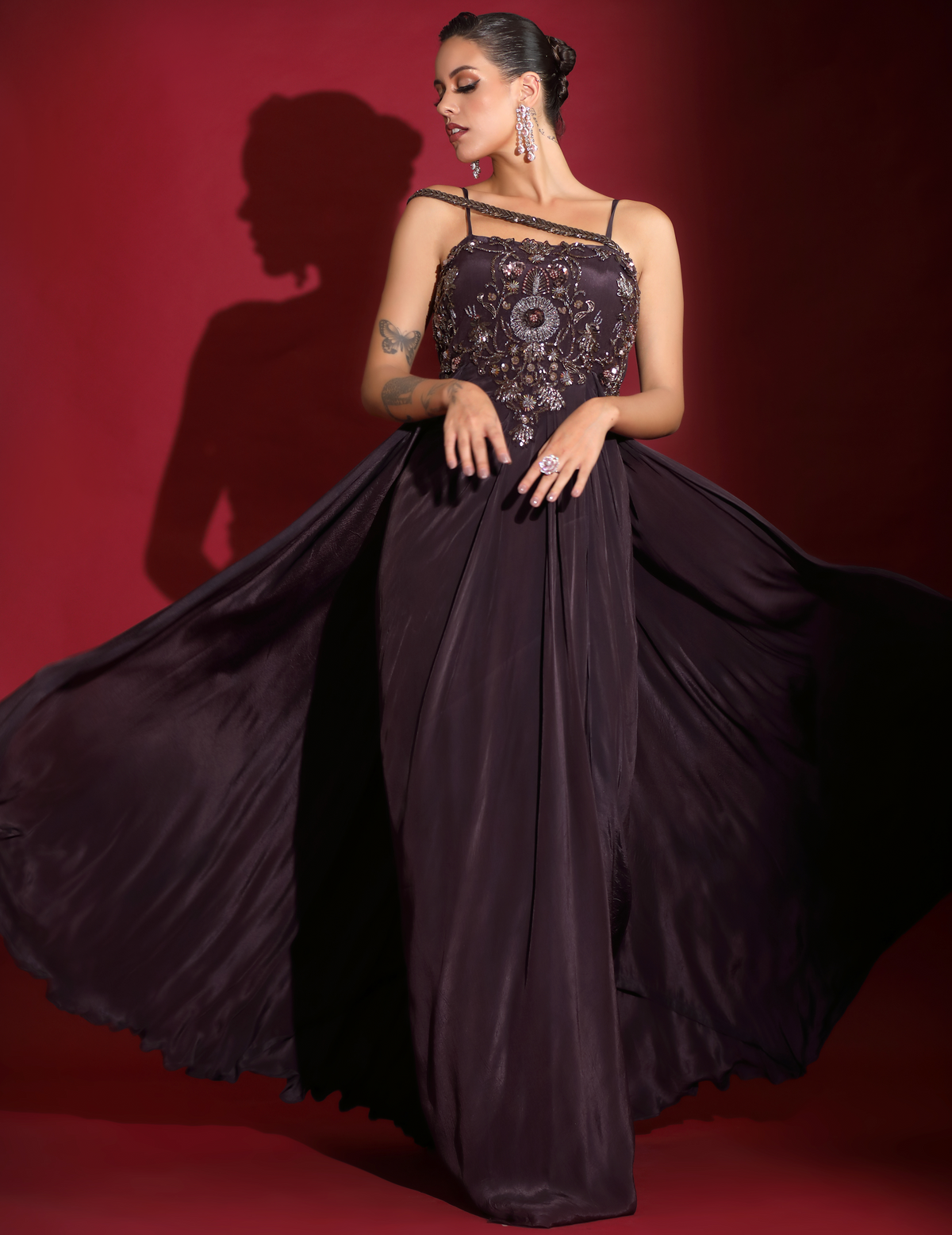 Chocalate Draped Cocktail Gown With Embellished Corset