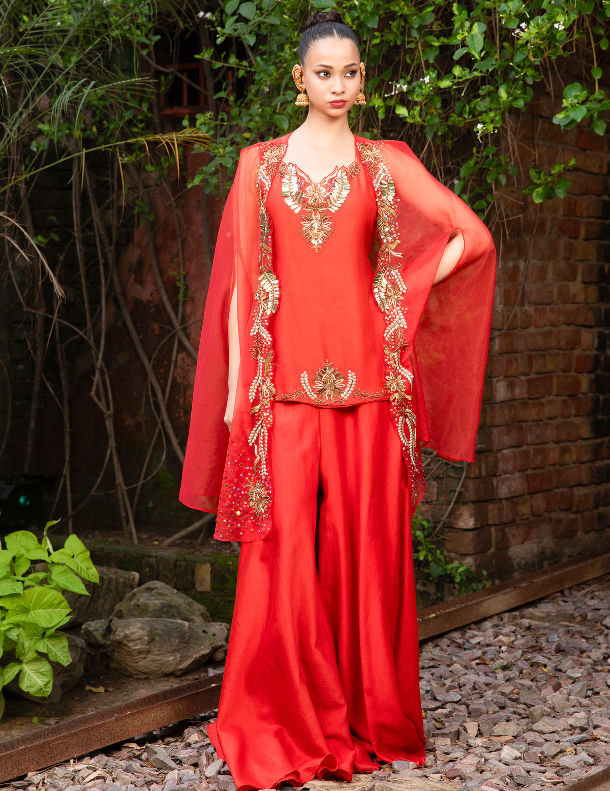 Vermilion Hand-Embellished Kurti Palazzo & Cape