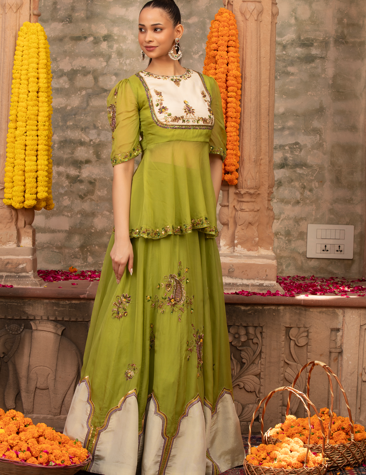 Parrot Green Organza Jharoka Applique Peplum Lehenga