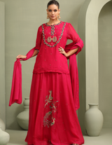Rani Pink Peacock Embroidered Lehenga-Short Kurti & Duppata Set