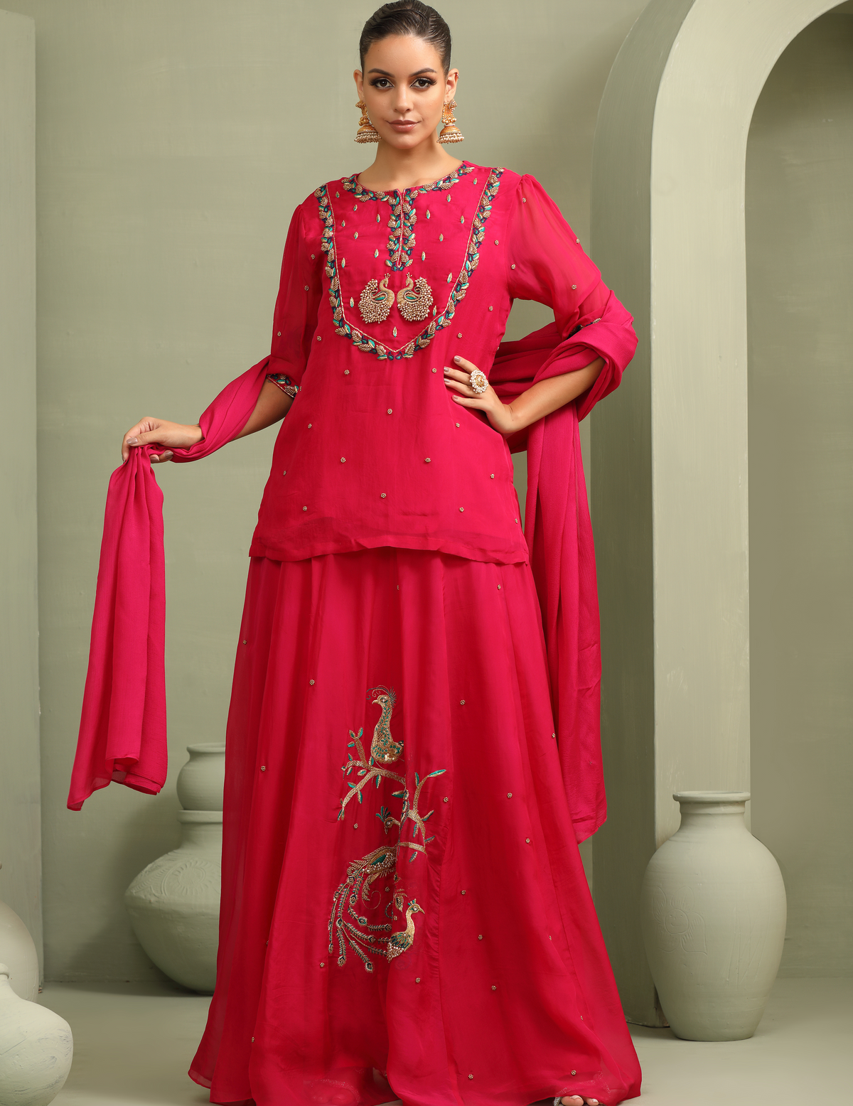 Rani Pink Peacock Embroidered Lehenga-Short Kurti & Duppata Set