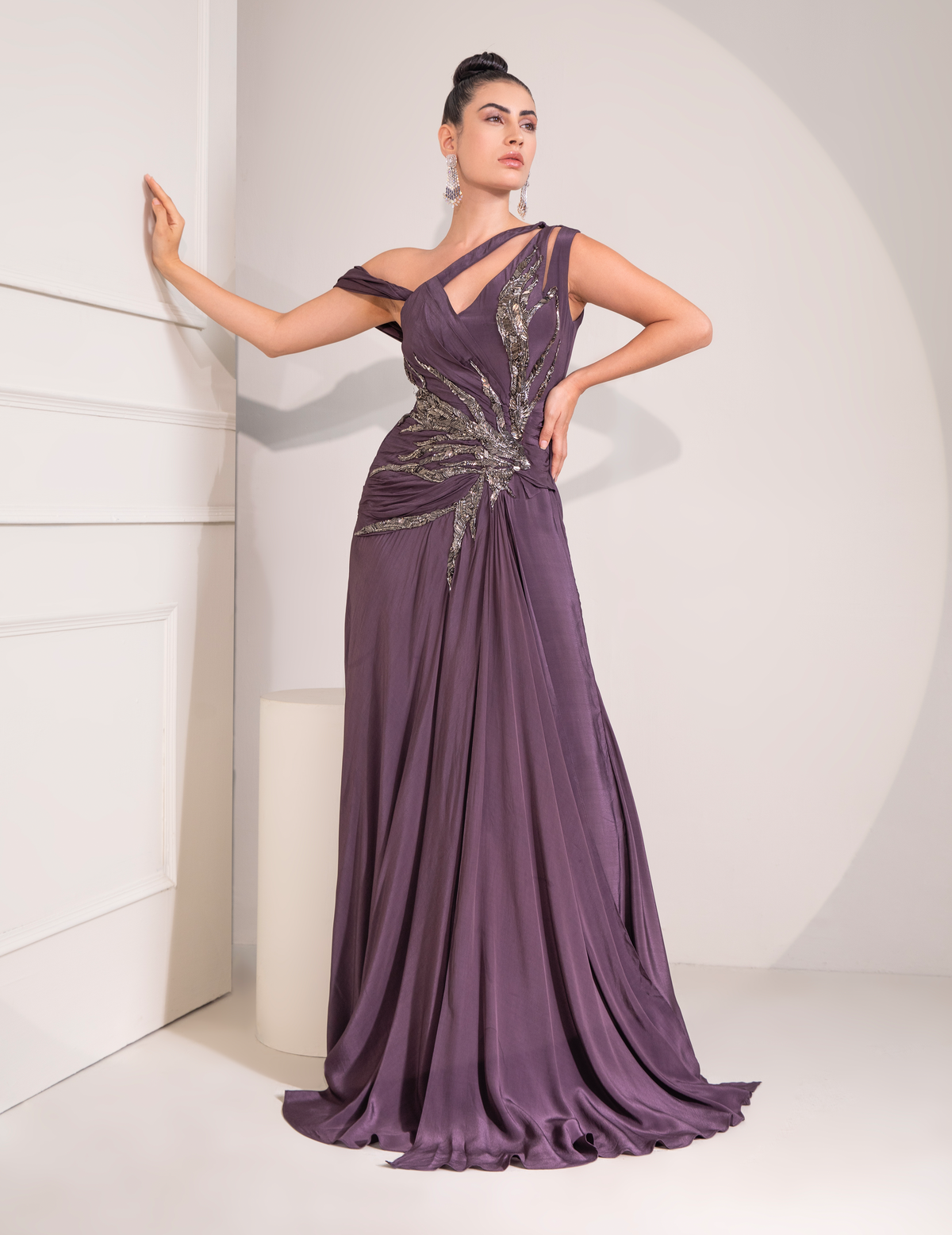 Midnight Plum One Shoulder Gown With Abstract Work