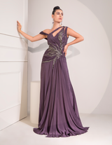Midnight Plum One Shoulder Gown With Abstract Work